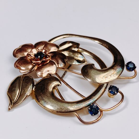 VTG Signed Harry Iskin Mid Century Gold Filled Floral Brooch Blue Rhinestone 40s - Picture 13 of 15